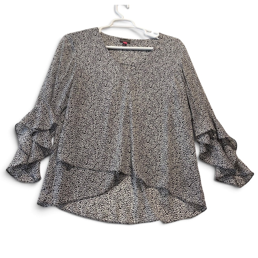 Vince Camuto Women's XL Black White Pebble Print Tiered Ruffle Sleeve Blouse Top